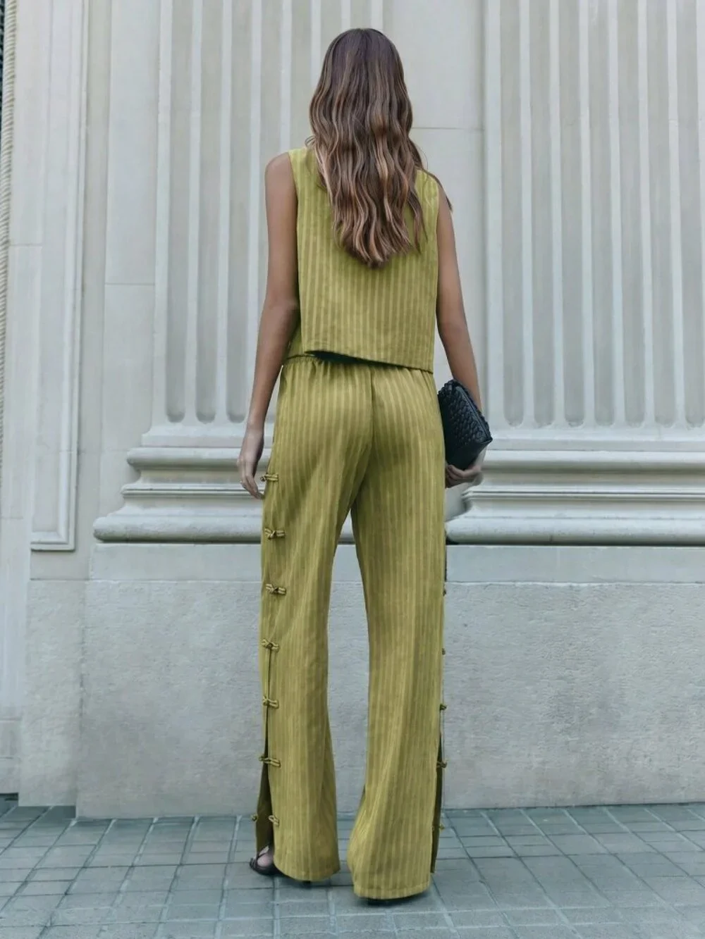 Green Casual Women's Sleeveless Vest And Wide-Leg Pants Set